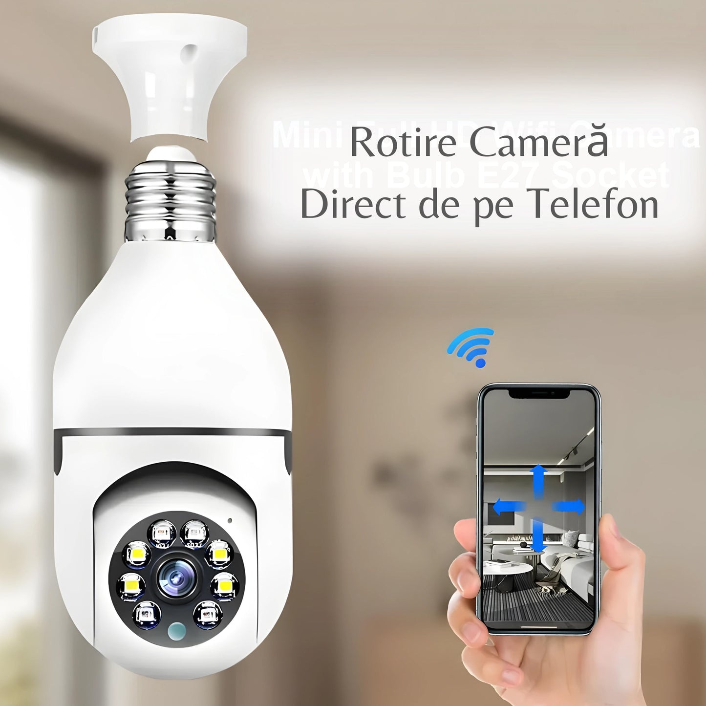 Camera De Supraveghere Tip Bec 1080P | Vedere Nocturna, Senzor De Miscare, Alarma, Control Wi-Fi, Soclu E27