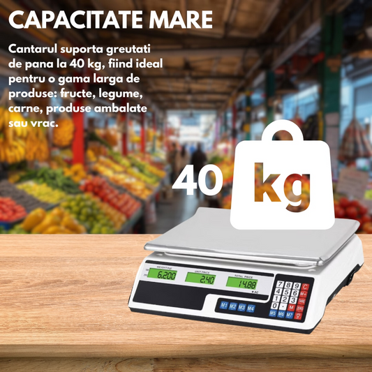 Cantar Comercial Electronic Profesional | Capacitate 40 Kg | Afisaj Dublu Iluminat | Tava Metalica | Functie Memorie