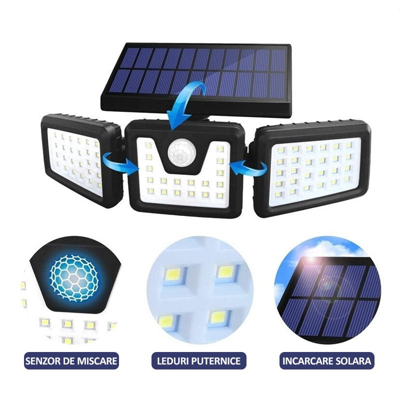 Lampa Tripla Solara De Perete | 74 LED-uri | 15W | 300LM | Senzor De Miscarе | IP65