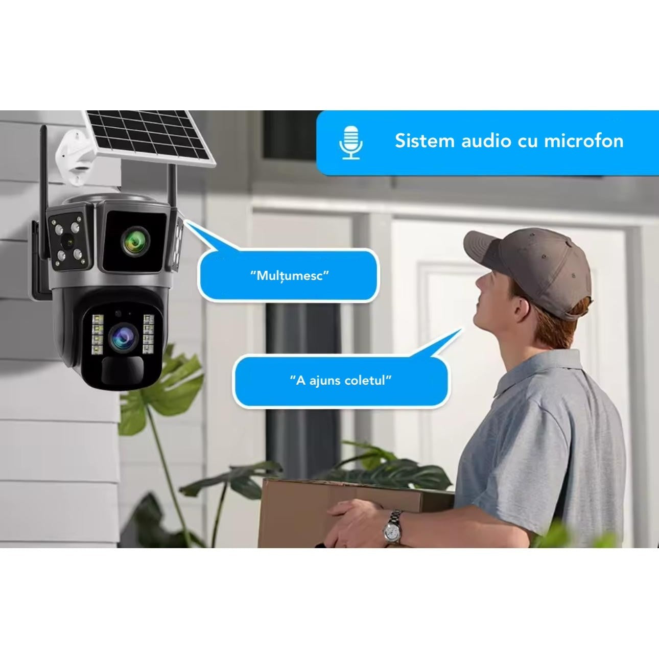 Camera Supraveghere cu Panou Solar, UltraHD, 360, Conexiune 4G, Night Vision, Detectie Umana, Acoperire totală + Card Memorie Cadou