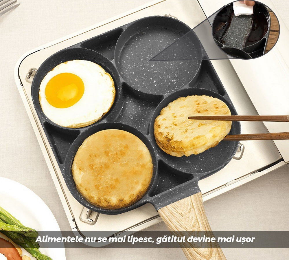 Tigaie Antiaderenta Cu 4 Compartimente | Maner Lemn | Compatibila Cu Inductie Si Aragaz