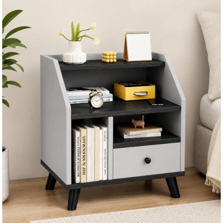 Noptiera Moderna cu Sertar si 3 Spatii de Depozitare | MDF | Stil Scandinav | Gri/Alb | 40x30x53 cm