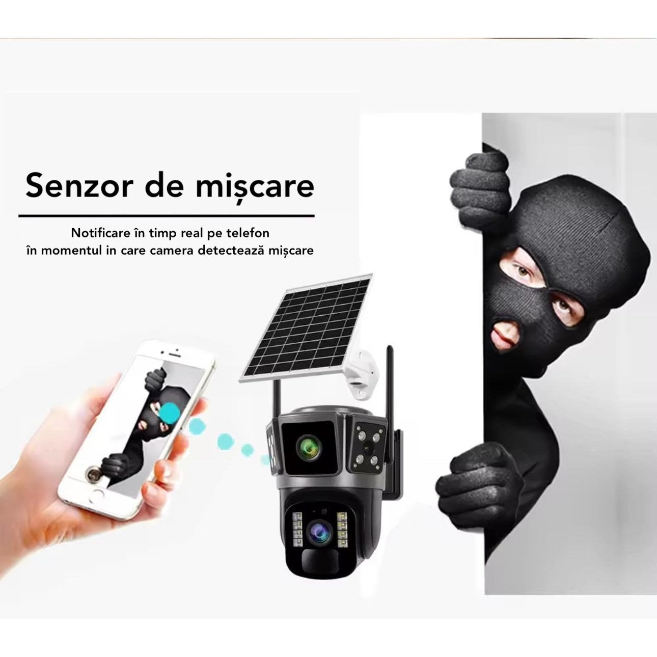 Camera Supraveghere cu Panou Solar, UltraHD, 360, Conexiune 4G, Night Vision, Detectie Umana, Acoperire totală + Card Memorie Cadou