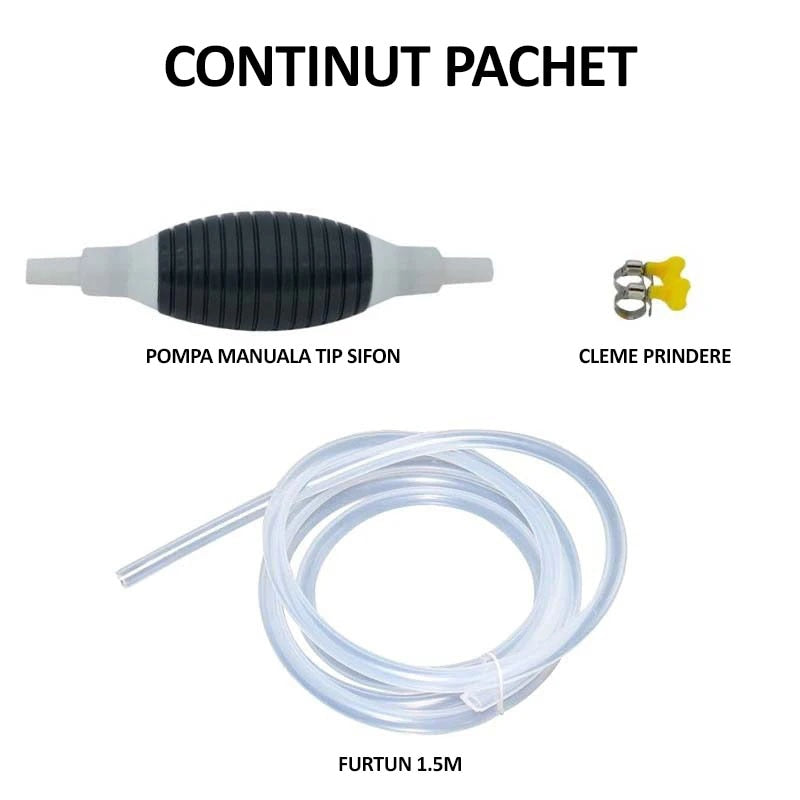 Pompa Manuală Pentru Transfer Lichide | Tip Sifon, Cu Furtun 1.5m și Cleme Incluse | Pentru Benzină, Ulei, Apă
