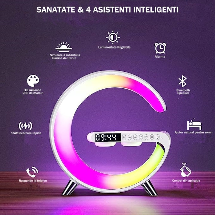 Statie Incarcare Wireless 3 in 1 | Boxa Bluetooth, Lampa RGB Smart, Ceas Digital cu Alarma, Control prin Aplicatie