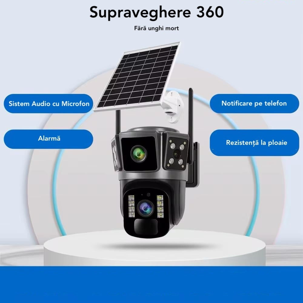 Camera Supraveghere cu Panou Solar, UltraHD, 360, Conexiune 4G, Night Vision, Detectie Umana, Acoperire totală + Card Memorie Cadou