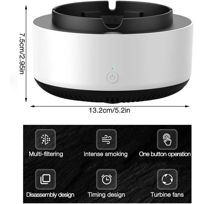 Scrumiera Electrica cu Aspiratie 360° | Ioni Negativi | Filtru cu Carbon Activ | Oprire Automata | 2 Baterii AA | Alba