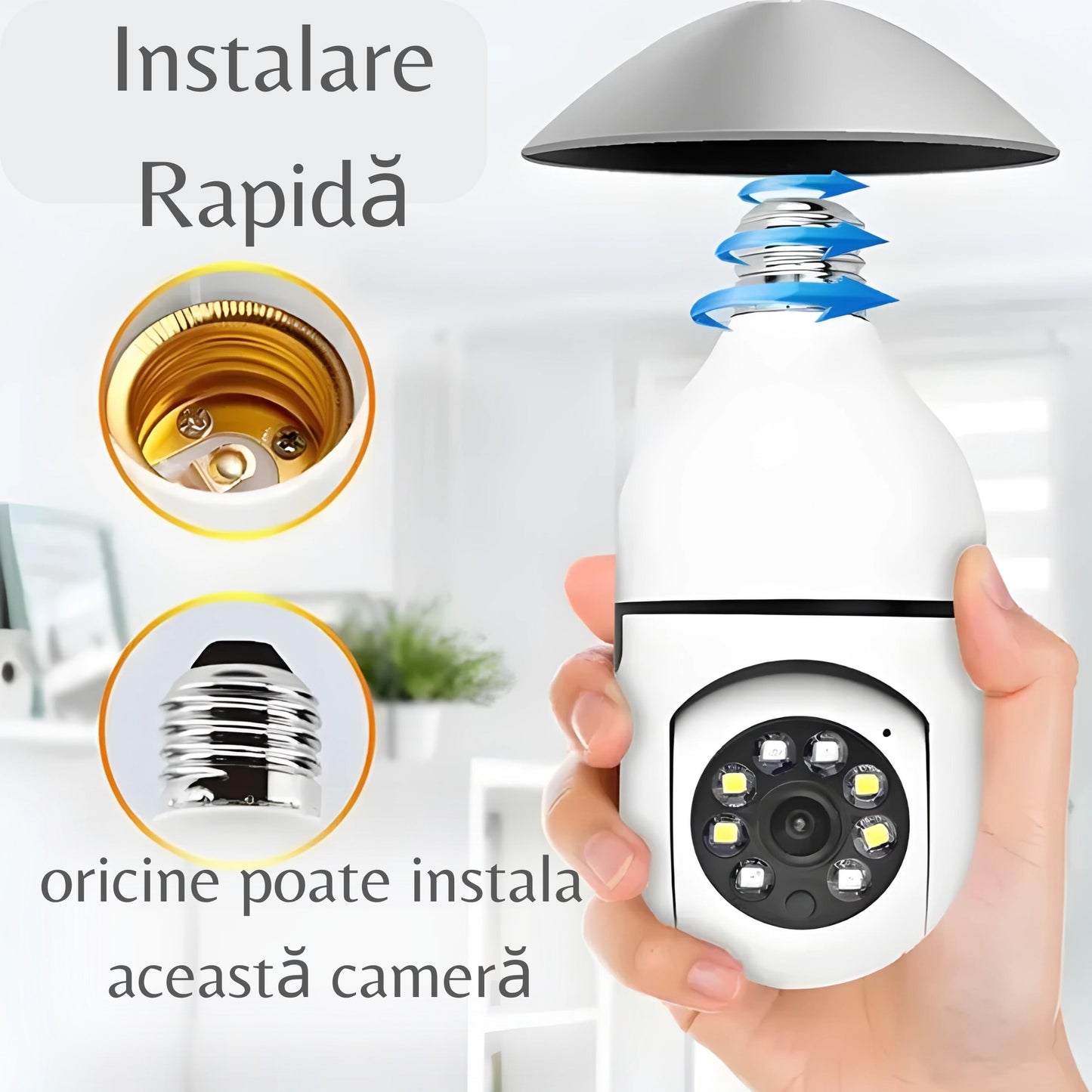 Camera De Supraveghere Tip Bec 1080P | Vedere Nocturna, Senzor De Miscare, Alarma, Control Wi-Fi, Soclu E27