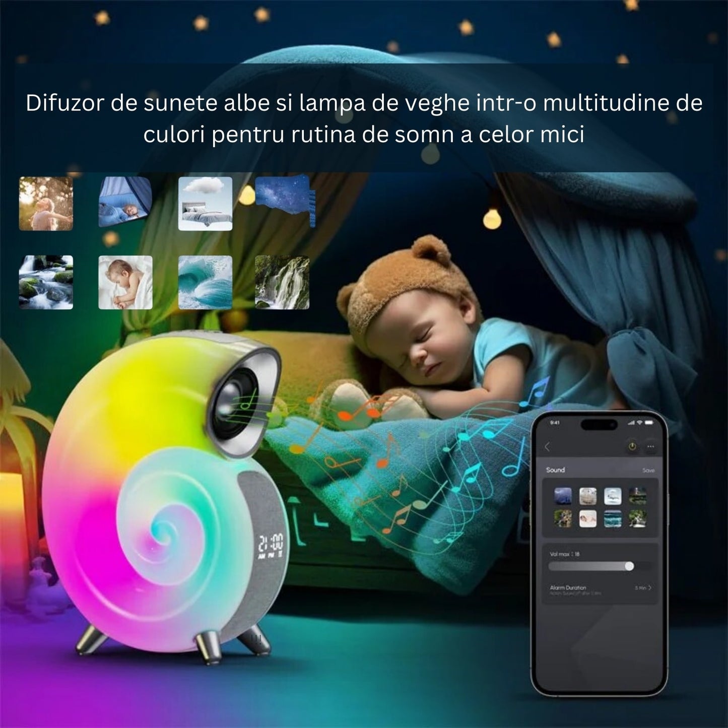 Ceas Cu Alarma Si Boxa Wireless In Forma De Melc | Lampa RGB LED Cu 256 Culori, Bluetooth Si Baterie 2000mAh