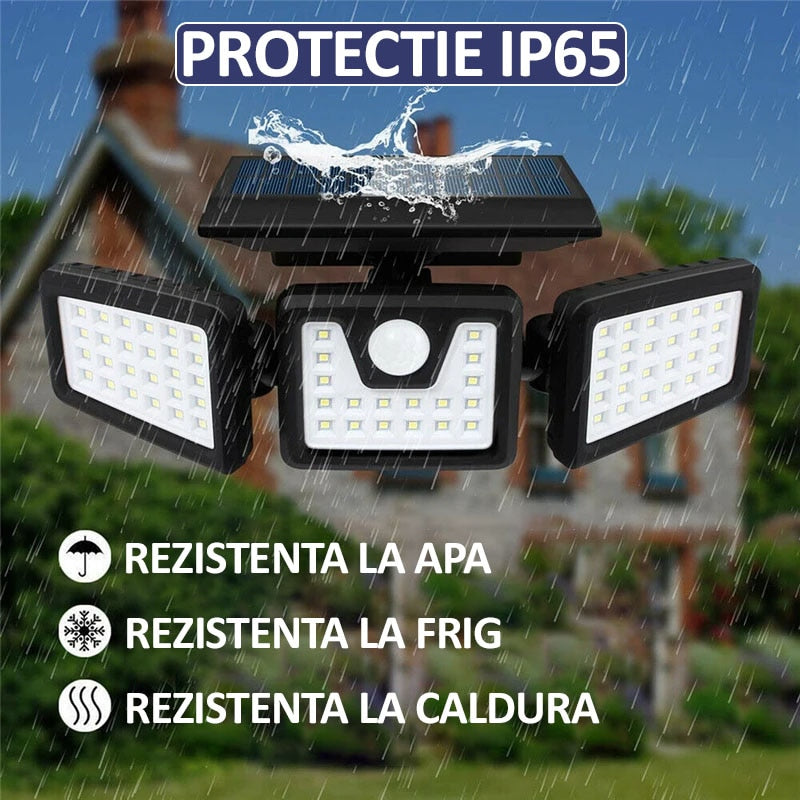 Lampa Tripla Solara De Perete | 74 LED-uri | 15W | 300LM | Senzor De Miscarе | IP65