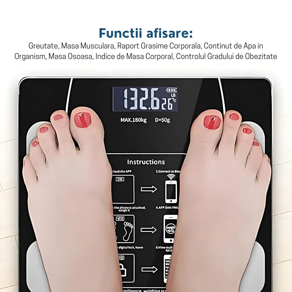 Cantar Corporal Smart | Ecran Digital Iluminat | Bluetooth Android iOS | Analiza Corporala Completa | 180 Kg Max