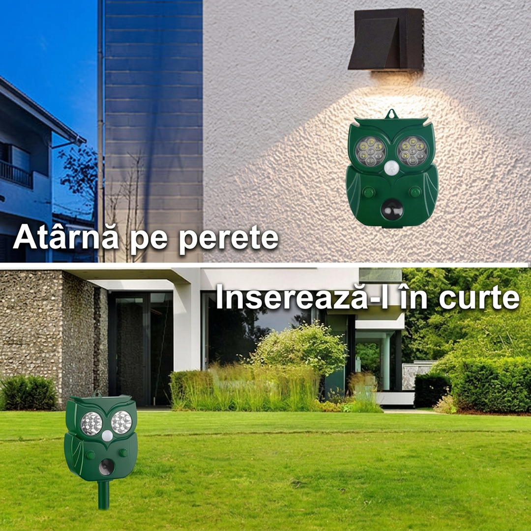 Aparat Solar Ultrasunete Impotriva Daunatorilor - Repelent Solar Animale Design Bufnita | Ultrasunete + 14 LED + Alarma Sonora | Senzor PIR 120° 10m | IP65 | 5 Moduri | USB + Solar