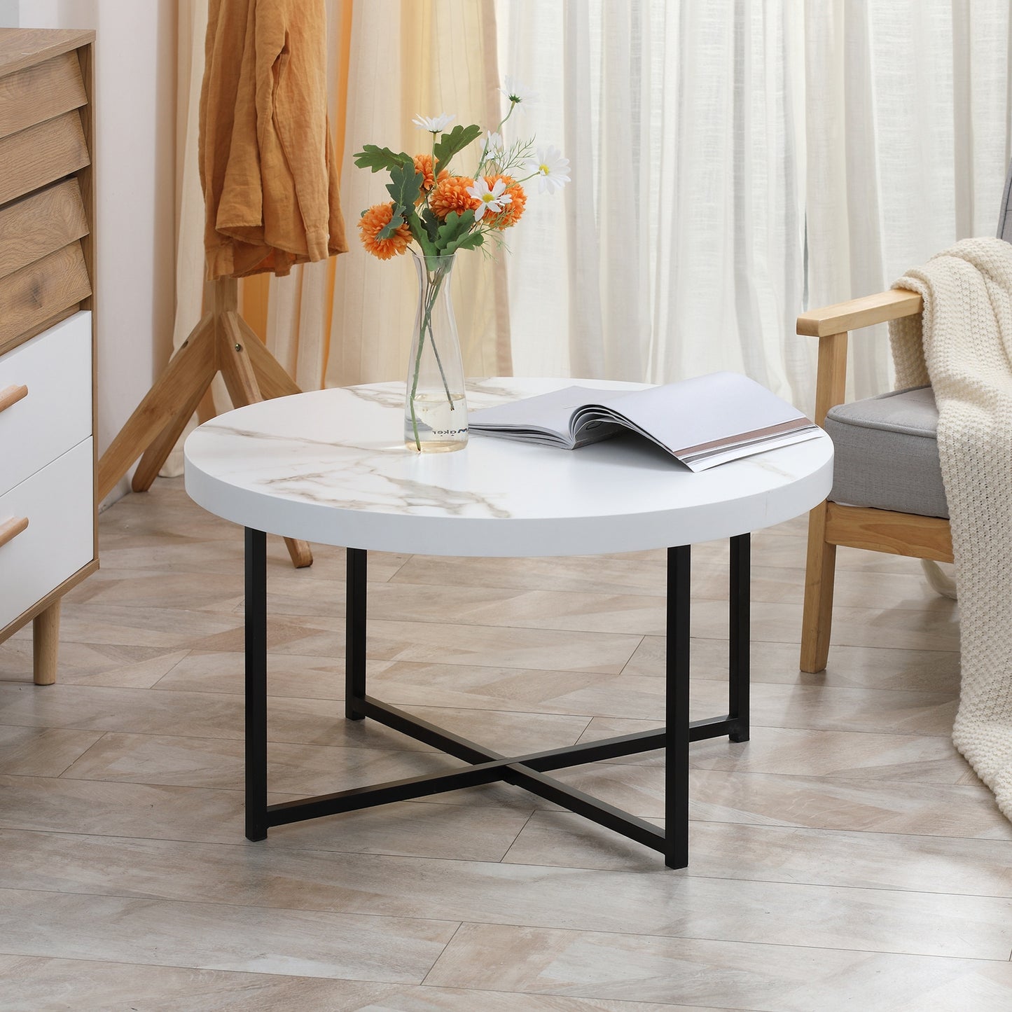 Masuta de Cafea Rotunda cu Blat Efect Marmura | Cadru Metalic in X | Alba | 50x38 cm