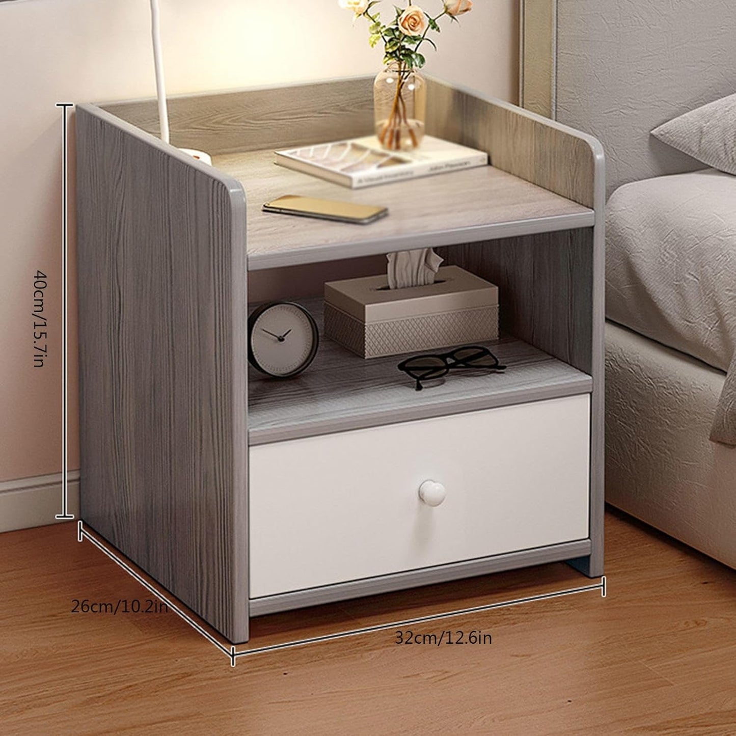 Noptiera cu Sertar si Incuietoare | Blat cu Margini de Protectie | Design Compact | Gri | 40x32x26 cm