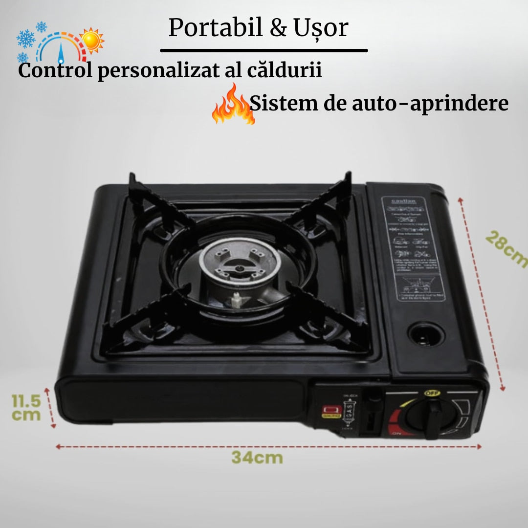 Aragaz Portabil Camping | Aprindere Automata | 2.3 kW | Functioneaza Cu Gaz Butan/GPL | Culoare Neagra