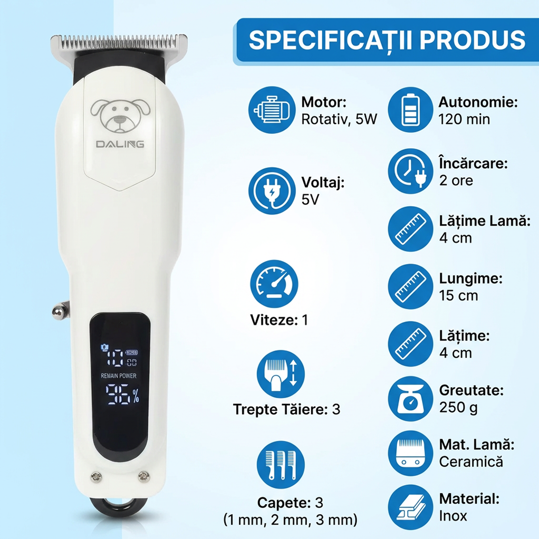 Aparat Tuns Caini si Pisici Fara Fir | Reincarcabil | 120 min Autonomie | 3 Capete 1-3 mm | 5W | Afisaj Digital