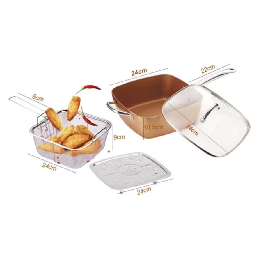 Tigaie Multifunctionala 5 Piese | Non-Aderenta Din Ceramica Si Inox Cu Capac, Cos Si Gratar