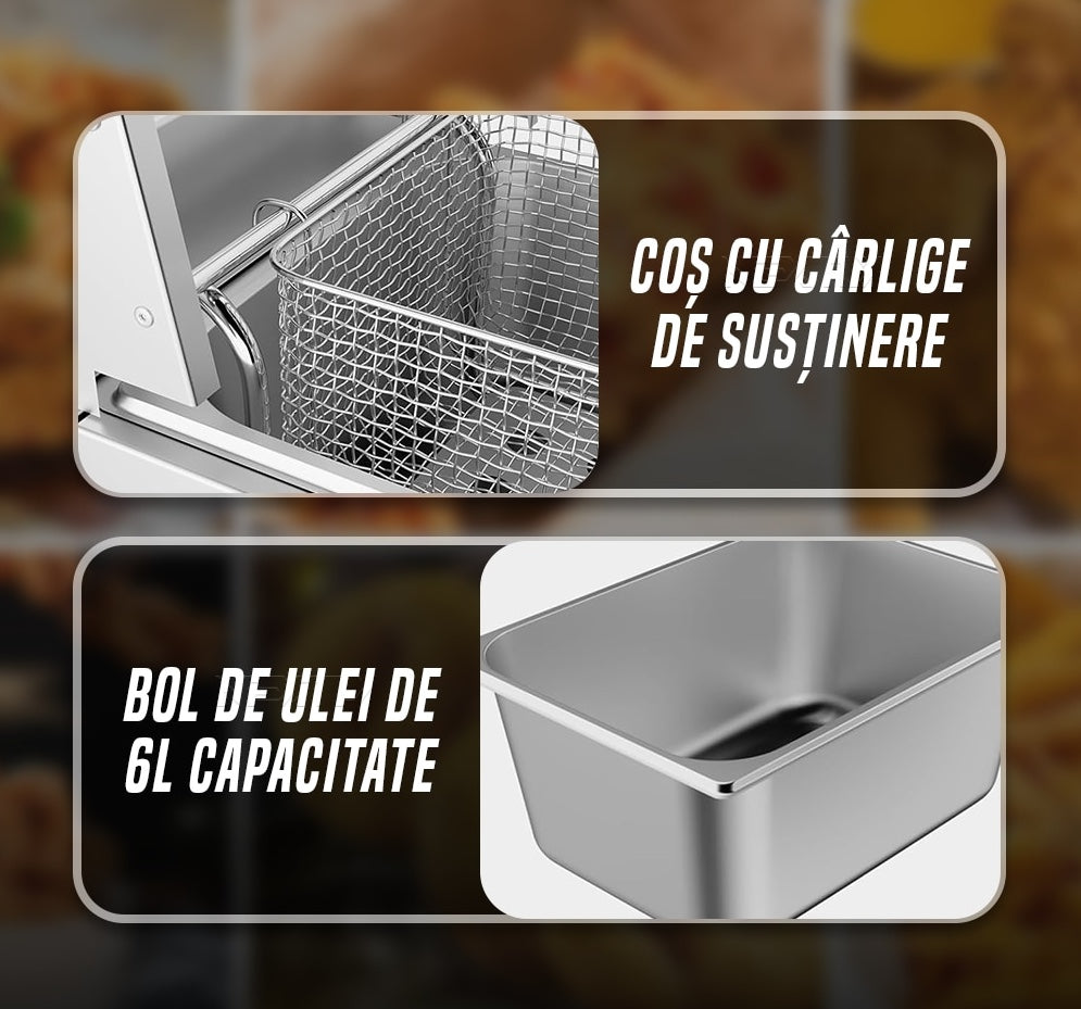 Friteuza Electrica Profesionala | 6 Litri Inox, 2500W, Termostat Reglabil, Uz Comercial si Casnic