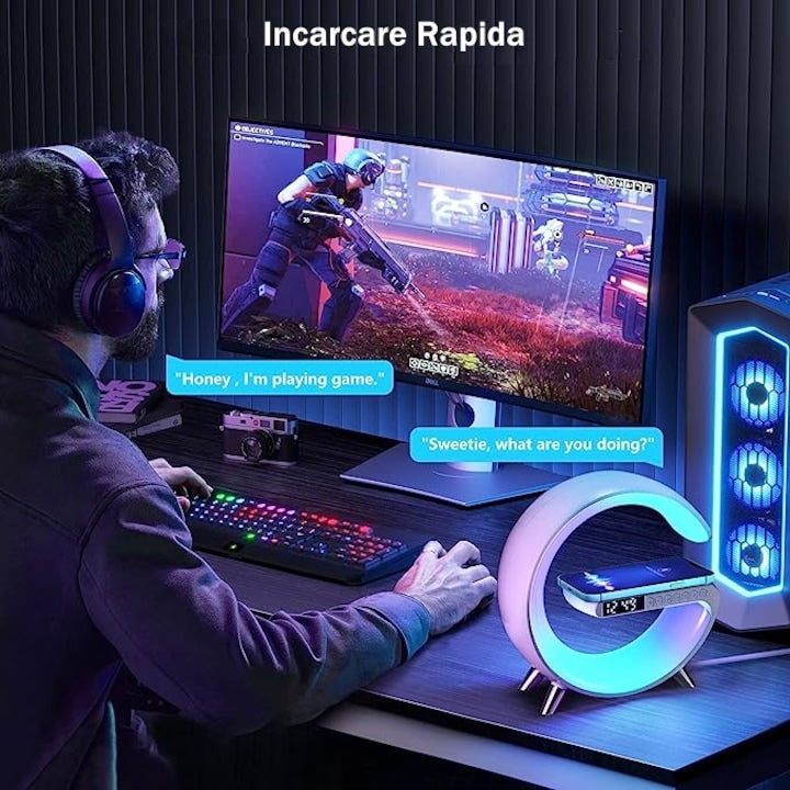 Statie Incarcare Wireless 3 in 1 | Boxa Bluetooth, Lampa RGB Smart, Ceas Digital cu Alarma, Control prin Aplicatie