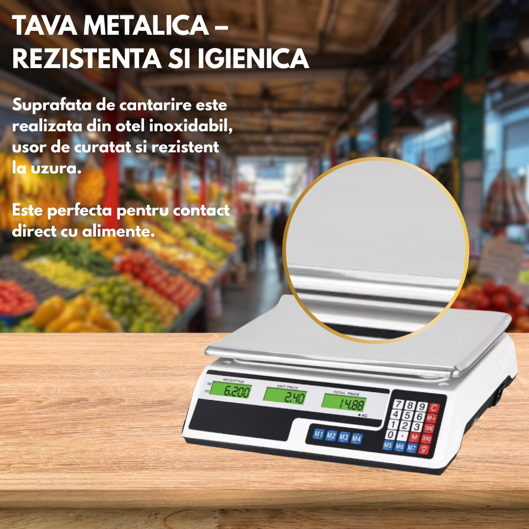 Cantar Comercial Electronic Profesional | Capacitate 40 Kg | Afisaj Dublu Iluminat | Tava Metalica | Functie Memorie