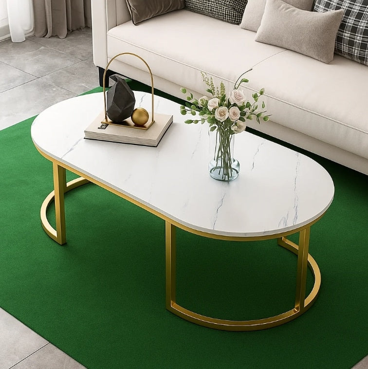 Masuta de Cafea Ovala cu Polita | Design Alb cu Auriu | 120x60x45 cm