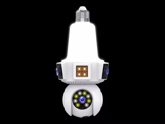 Cameră de Supraveghere WiFi tip Bec E27 cu 3 Obiective, Rotativă, și Card 32 GB Cadou