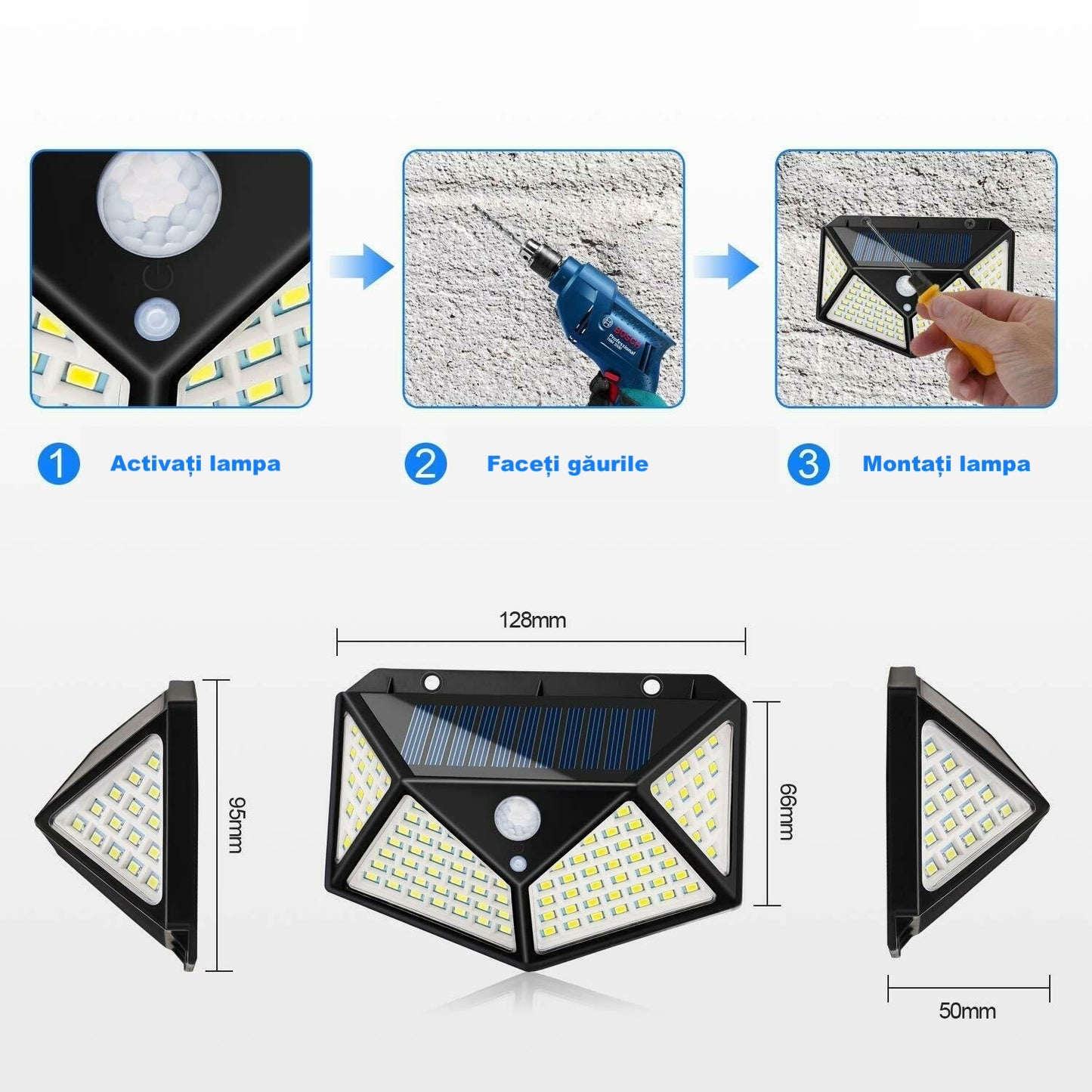 Set 2 Lampi cu Incarcare Solara WERSTIL, cu Senzori Miscare si Lumina, 3 Trepte de Iluminare, 100 Leduri