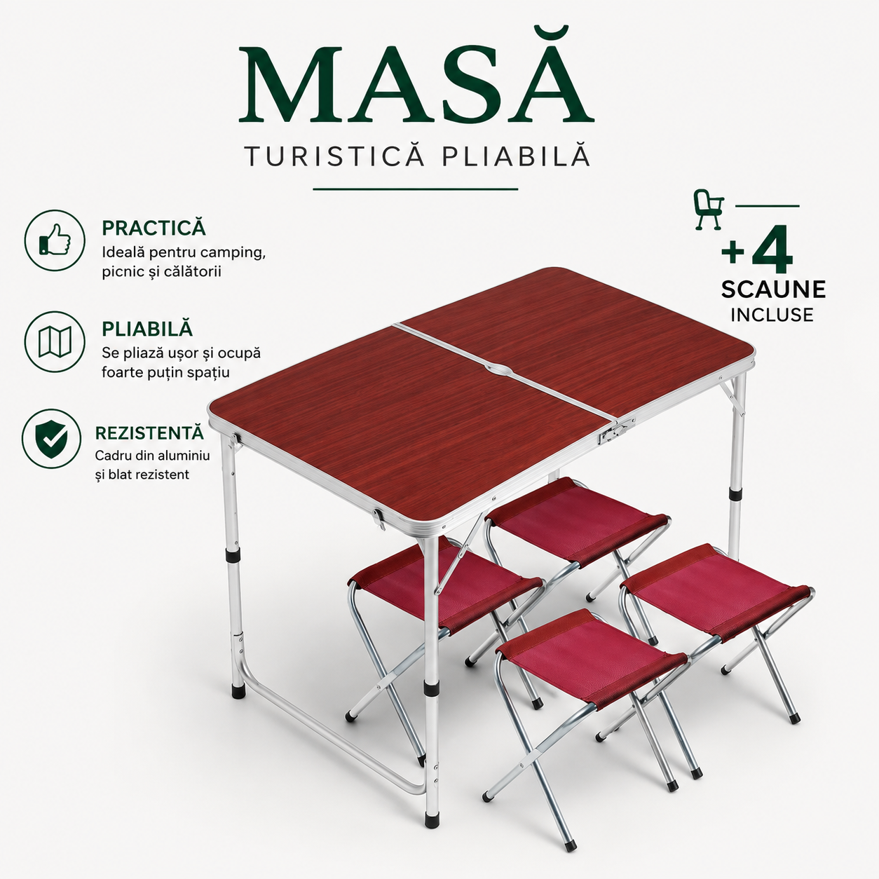 Masa Pliabila Tip Geanta cu 4 Scaune | 120 x 60 cm | Inaltime Reglabila 55-70 cm | Pentru Camping, Picnic, Gradina si Terasa