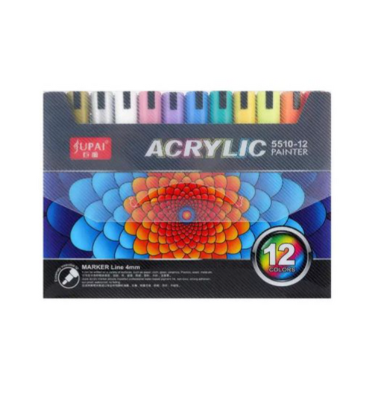 Set de 12 Markere cu vopsea Acrilica foarte pigmentata, cu varf rotund de 4mm , pentru Hartie, Piatra, Lemn, Ceramica, Sticla, Non-toxic
