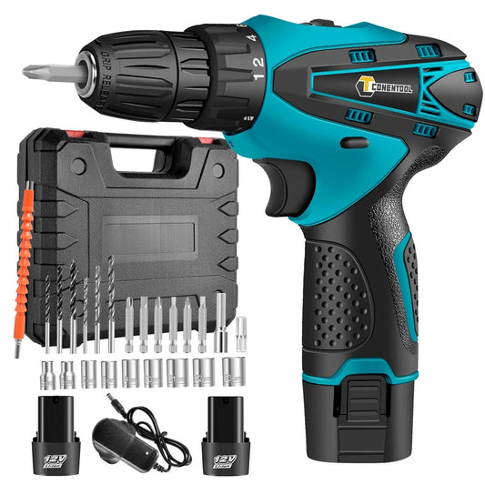 Mașină de Găurit și Înșurubat 12V cu 2 Acumulatori, 24 de Accesorii și Valiză