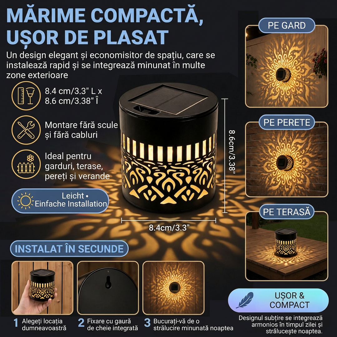 Lampa Solara de Perete cu Proiectie Mandala | LED Alb Cald | IP65 | 0.5W | 600mAh | Metal | 8.4x8.4x8.6 cm
