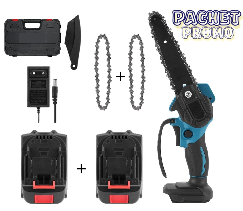 Pachet Promo : Mini drujba cu lant WERSTIL, fara fir, lama 6 inch, portabil , cu 2 acumulatori + 2 lanturi