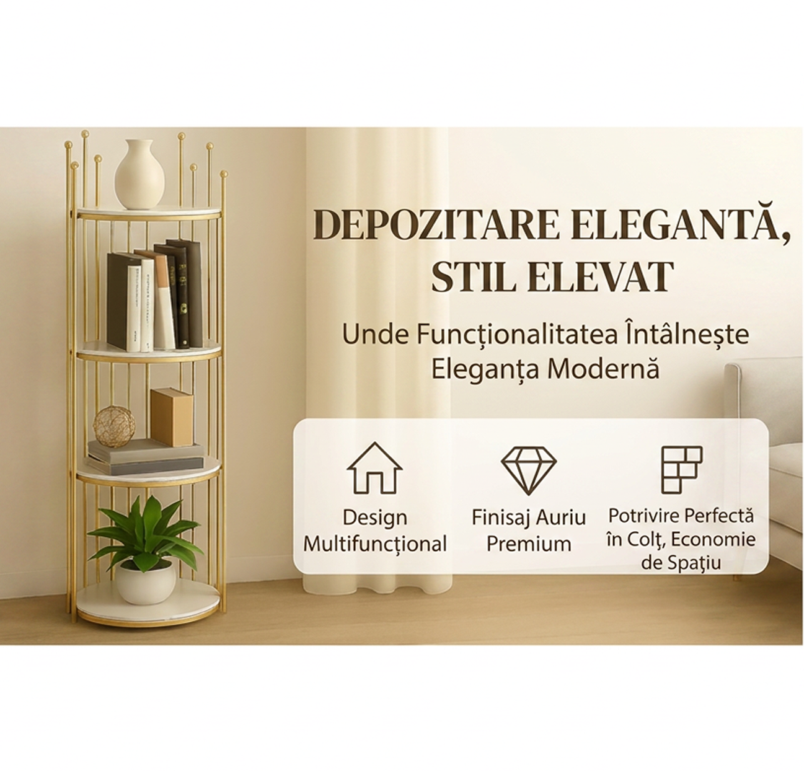 Etajera de Colt cu 4 Niveluri | Cadru Metal Auriu | Rafturi Aspect Marmura | Freestanding | 32x32x95cm | Living Dormitor Birou