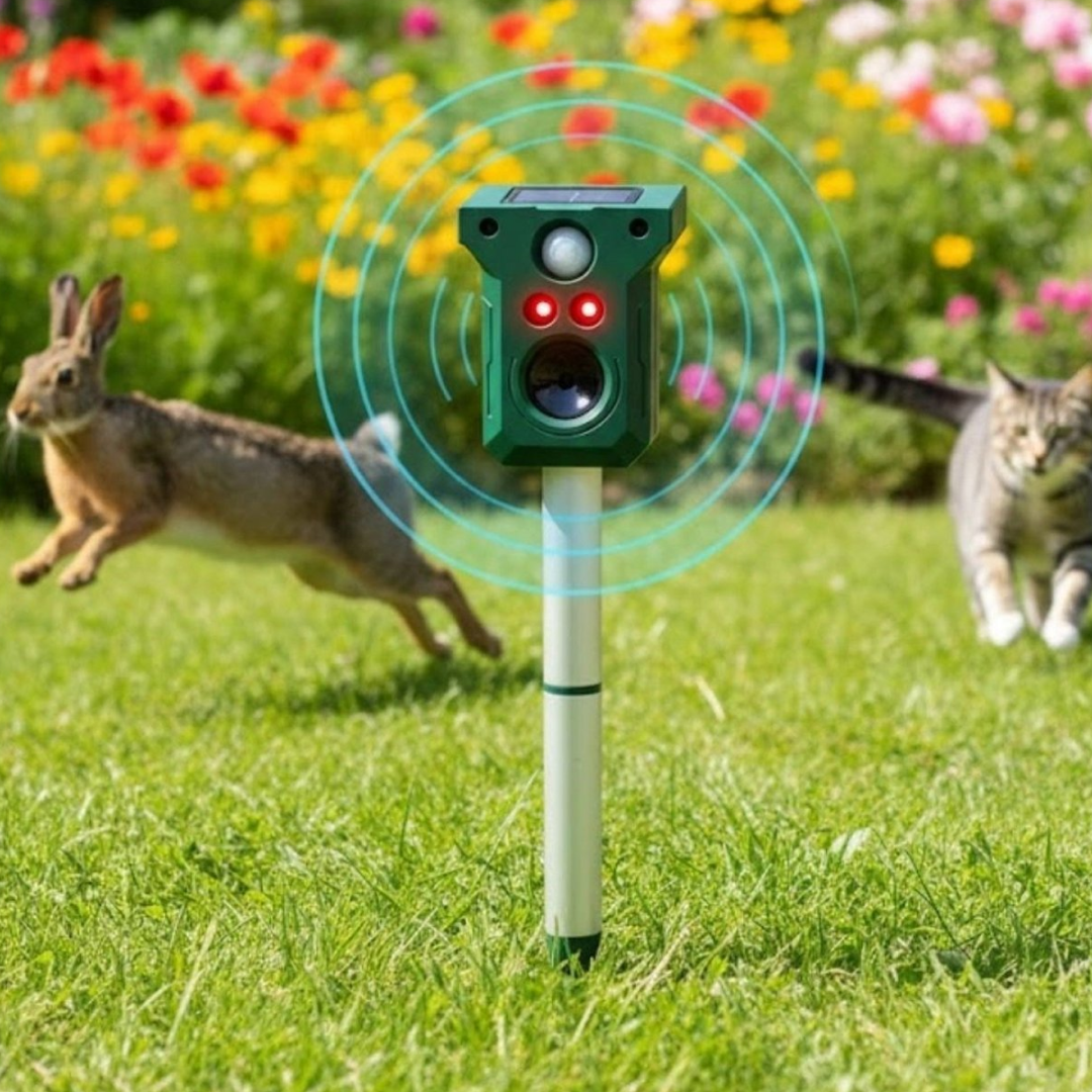 Aparat Solar Ultrasunete Impotriva Daunatorilor - Repelent Solar Animale cu Tija | Ultrasunete + LED Intermitent | Senzor PIR | Impermeabil | Instalare in Sol | Gradina, Câmp, Terasa