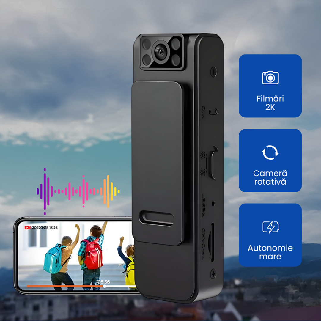 Mini Camera Video Actiune 2K | Stabilizare 5 Axe | WiFi Control Aplicatie | Obiectiv Rotativ 180° | Compacta Portabila