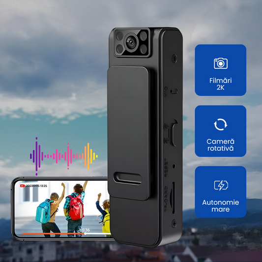 Mini Camera Video Actiune 2K | Stabilizare 5 Axe | WiFi Control Aplicatie | Obiectiv Rotativ 180° | Compacta Portabila