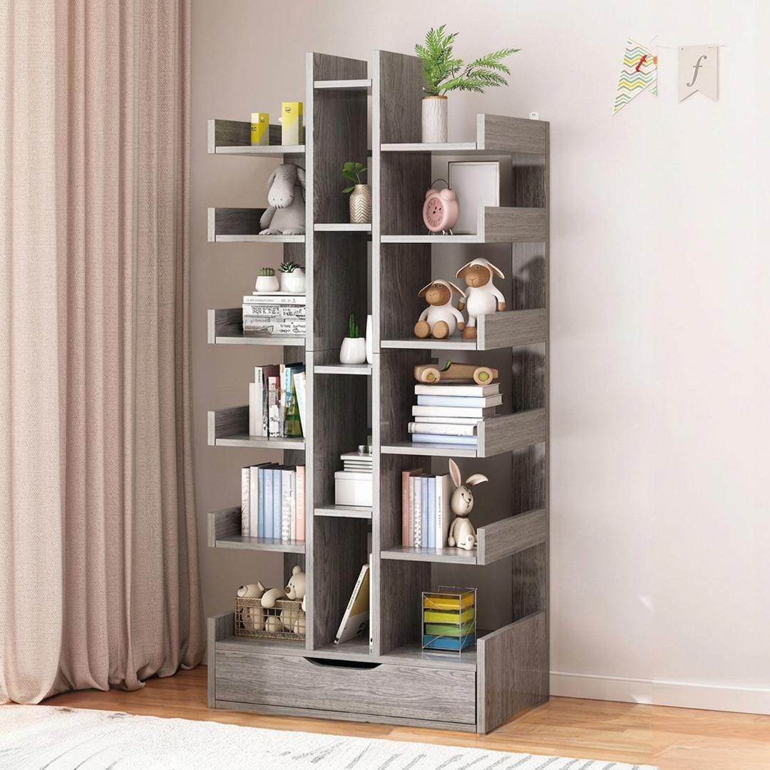 Biblioteca Tip Copac cu 18 Rafturi si Sertar | MDF | 51x18x168 cm | Design Modern