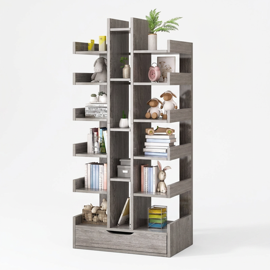 Biblioteca Tip Copac cu 18 Rafturi si Sertar | MDF | 51x18x168 cm | Design Modern