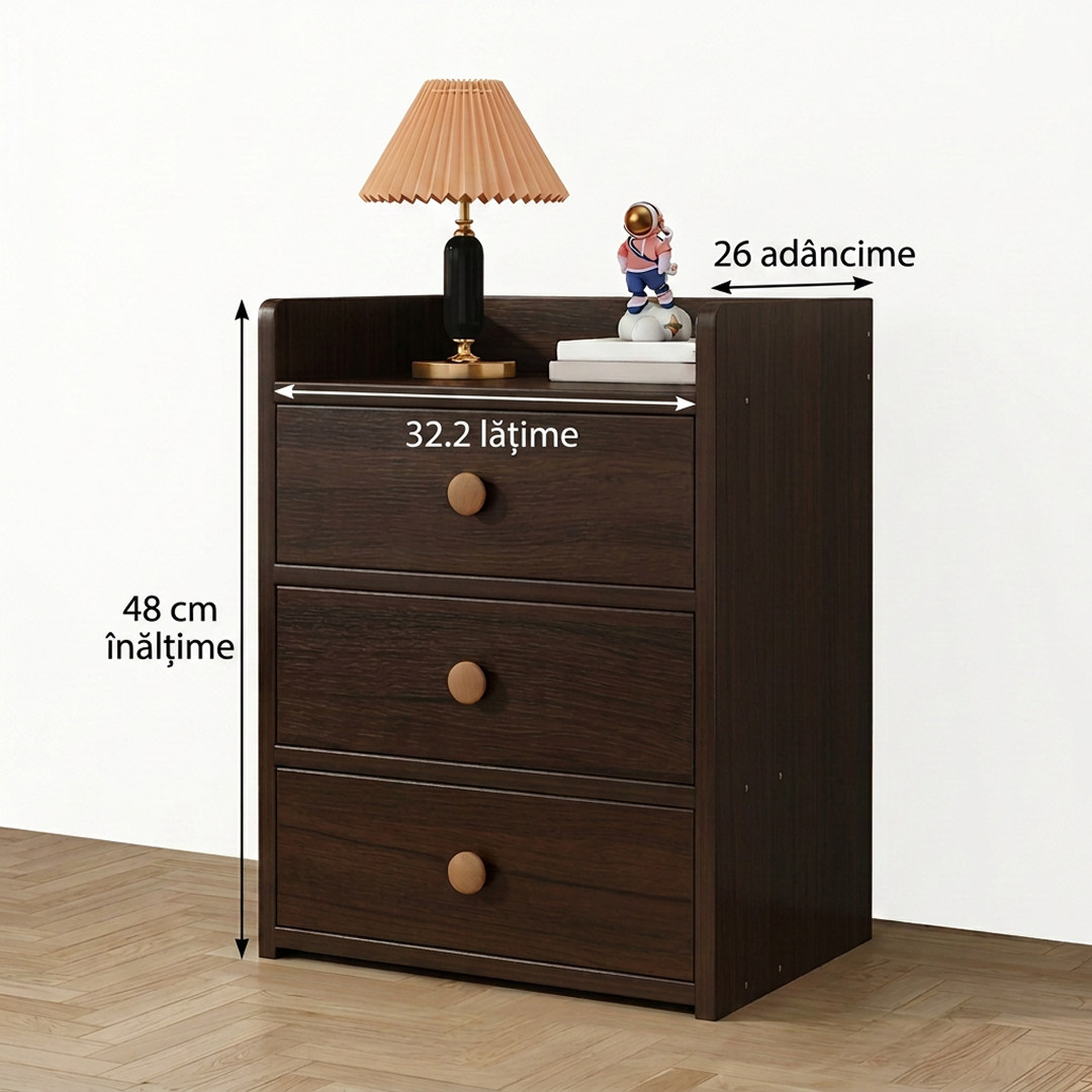 Noptiera Moderna cu 3 Sertare si Incuietoare | MDF | 32.2x26x48 cm | Antique Sandalwood