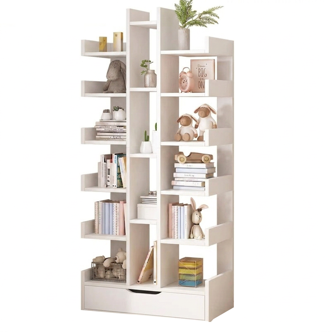 Biblioteca Moderna cu 18 Rafturi si Sertar | Design Tip Copac | MDF | 51x18x168 cm