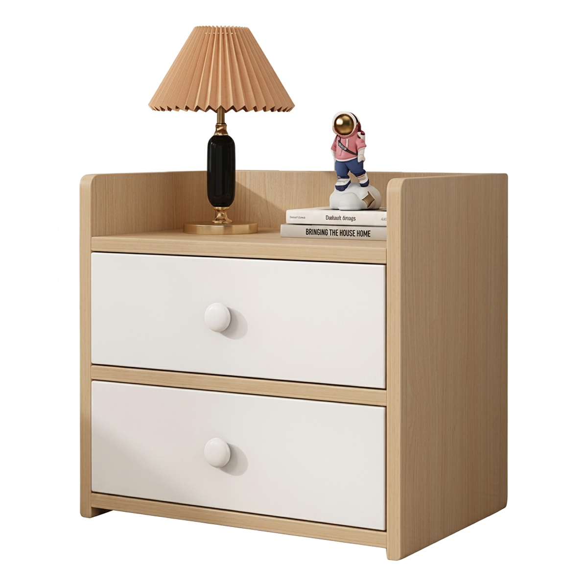 Noptiera Compacta cu 2 Sertare | Design Natur cu Sertare Albe | 40x26x32 cm