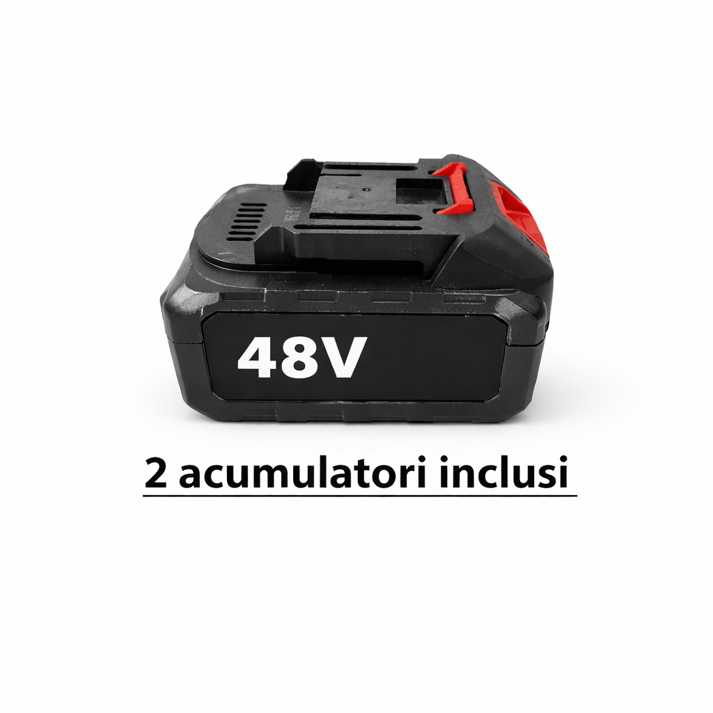 Fierăstrău cu Lanț pe Acumulator, 900W, Lamă 30 cm, 2 Baterii 48V și Ungere Automată