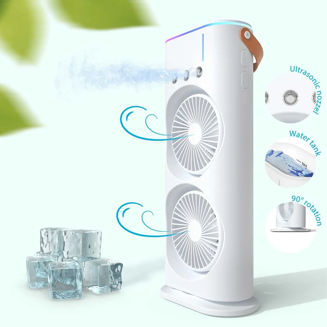 Ventilator Birou Portabil cu Umidificare prin Pulverizare | 2 Capete Oscilante | 3 Viteze | Telecomanda | 3000mAh 36W | 37x9x16.5cm