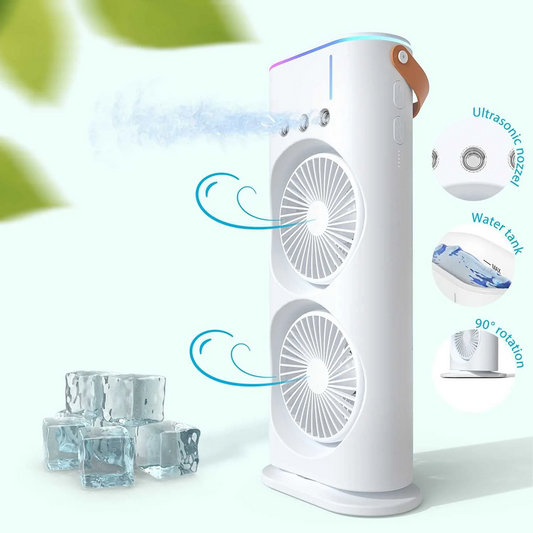 Ventilator Birou Portabil cu Umidificare prin Pulverizare | 2 Capete Oscilante | 3 Viteze | Telecomanda | 3000mAh 36W | 37x9x16.5cm