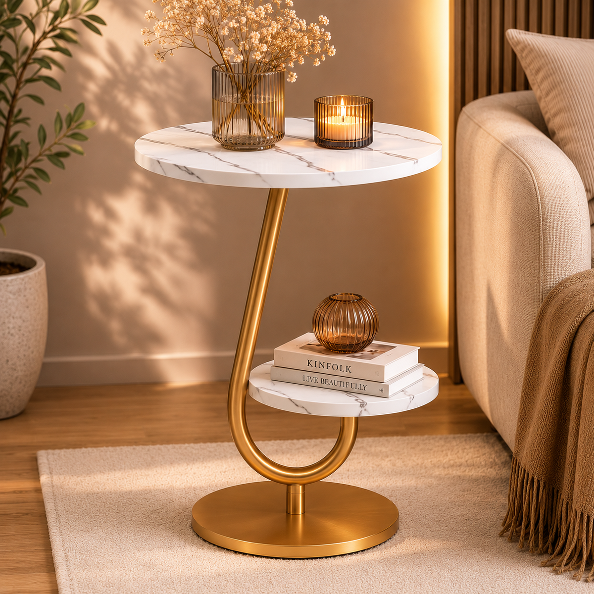 Masuta dubla cafea model marmura alb-auriu 45x60 cm cu raft – Design modern premium, stil elegant cu depozitare dubla