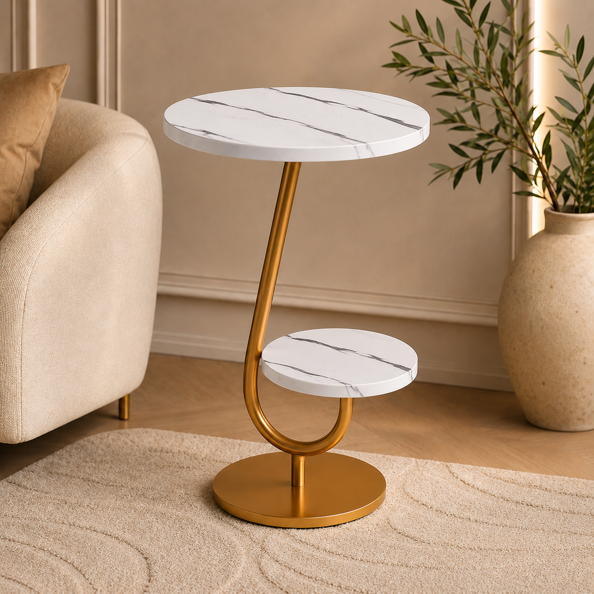 Masuta dubla cafea model marmura alb-auriu 45x60 cm cu raft – Design modern premium, stil elegant cu depozitare dubla