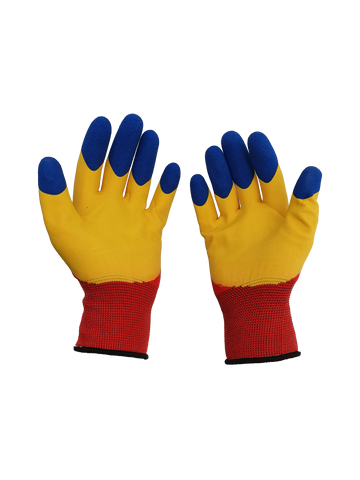 Manusi de lucru, tricot + latex, marime universala, rosu-galben-albastru