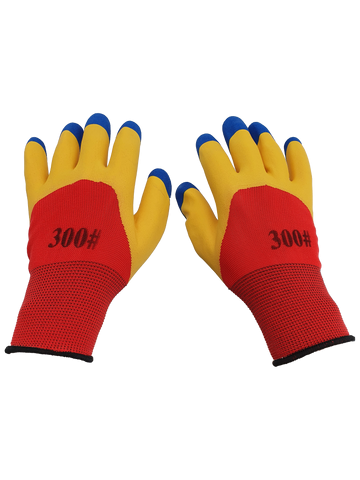 Manusi de lucru, tricot + latex, marime universala, rosu-galben-albastru