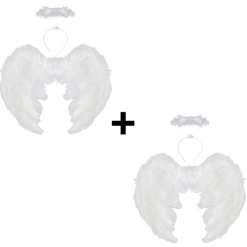 Promo 1+1 Gratuit | Aripi De Inger Pentru Copii | Alb | Puf + Glitter | Prindere Cu Elastic | Include Aureola