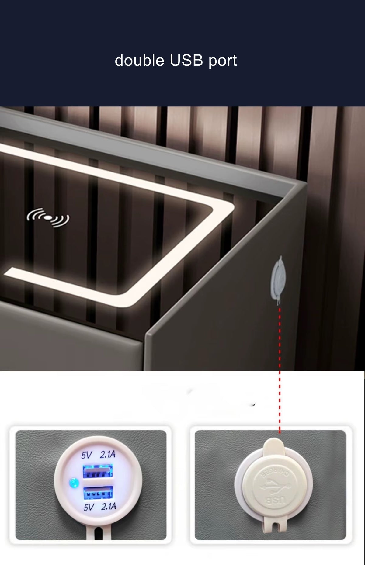 Noptieră Smart Gri cu 2 Sertare, Încărcare Wireless Qi, LED, Boxă Bluetooth, USB și Type-C